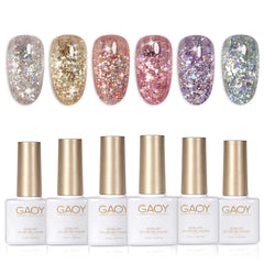 GAOY front packaging showing six glitter gel bottles and color range for easy selection