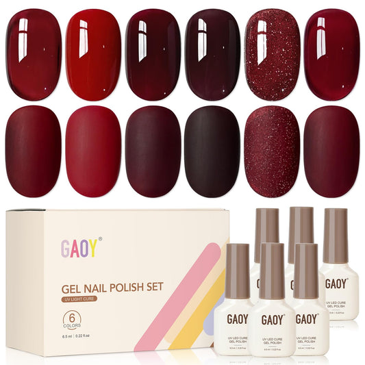 GAOY front packaging showing six red gel bottles and kit layout for easy selection