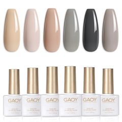 GAOY front packaging showing six neutral gel polish bottles and kit benefit