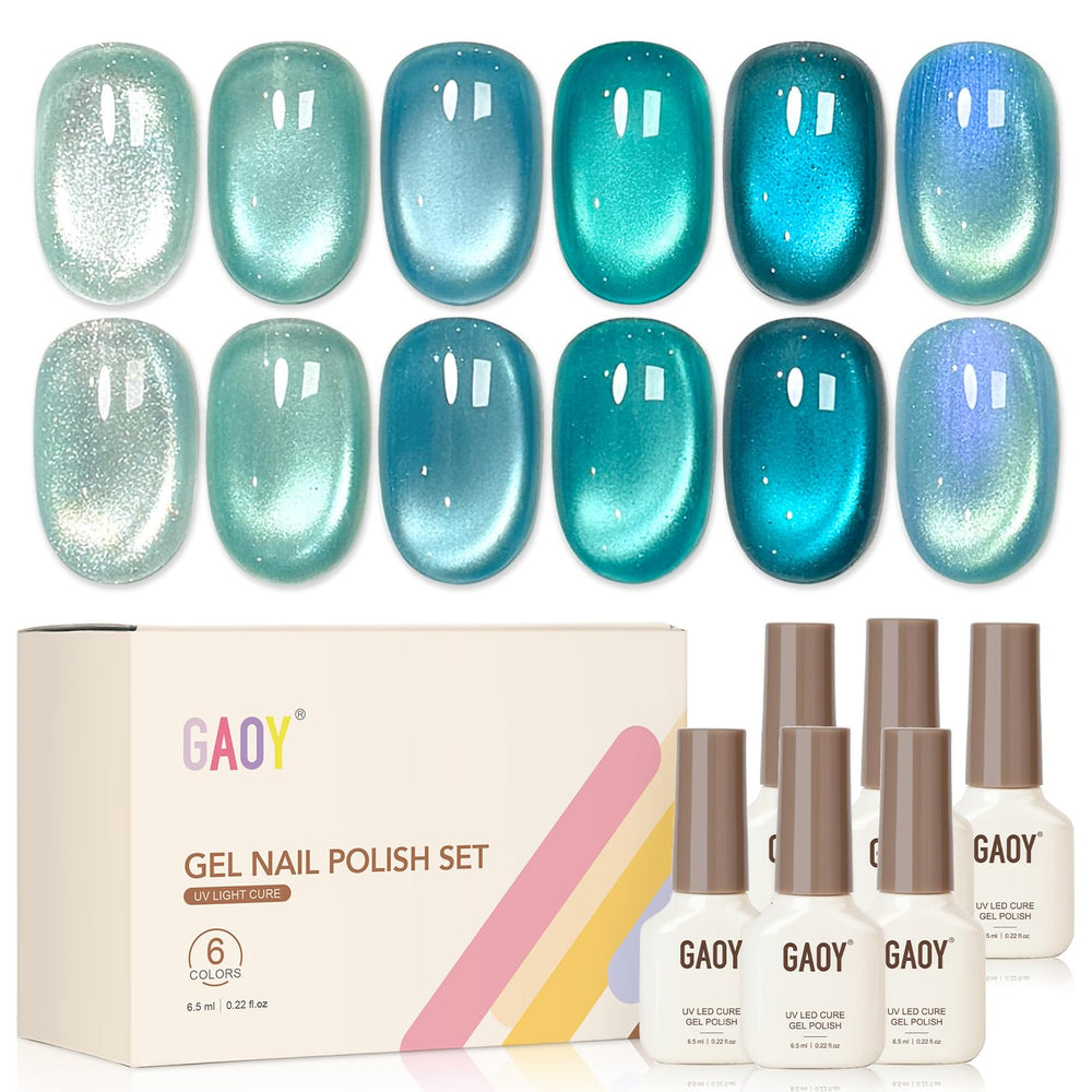 GAOY front packaging showing six holographic blue gel bottles and magnet benefit salon finish