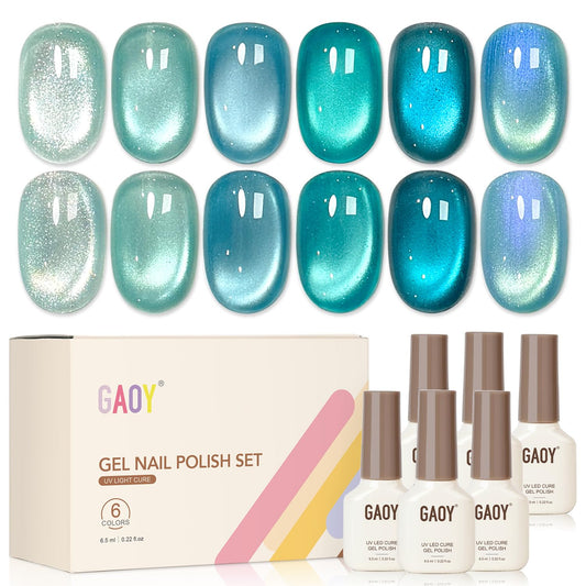GAOY front packaging showing six holographic blue gel bottles and magnet benefit salon finish