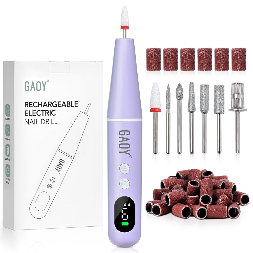 GAOY cordless nail drill front view showing compact violet body and ergonomic grip for control
