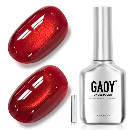 GAOY bottle front view showing blood red reflective polish and label, vivid shine