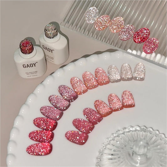 GAOY front packaging showing six glitter gel bottles — vibrant color range and professional results