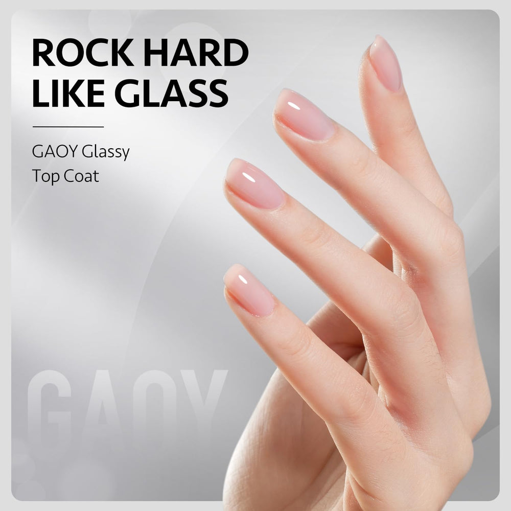 GAOY glossy top coat close-up on nail displaying glass-like shine and chip resistance