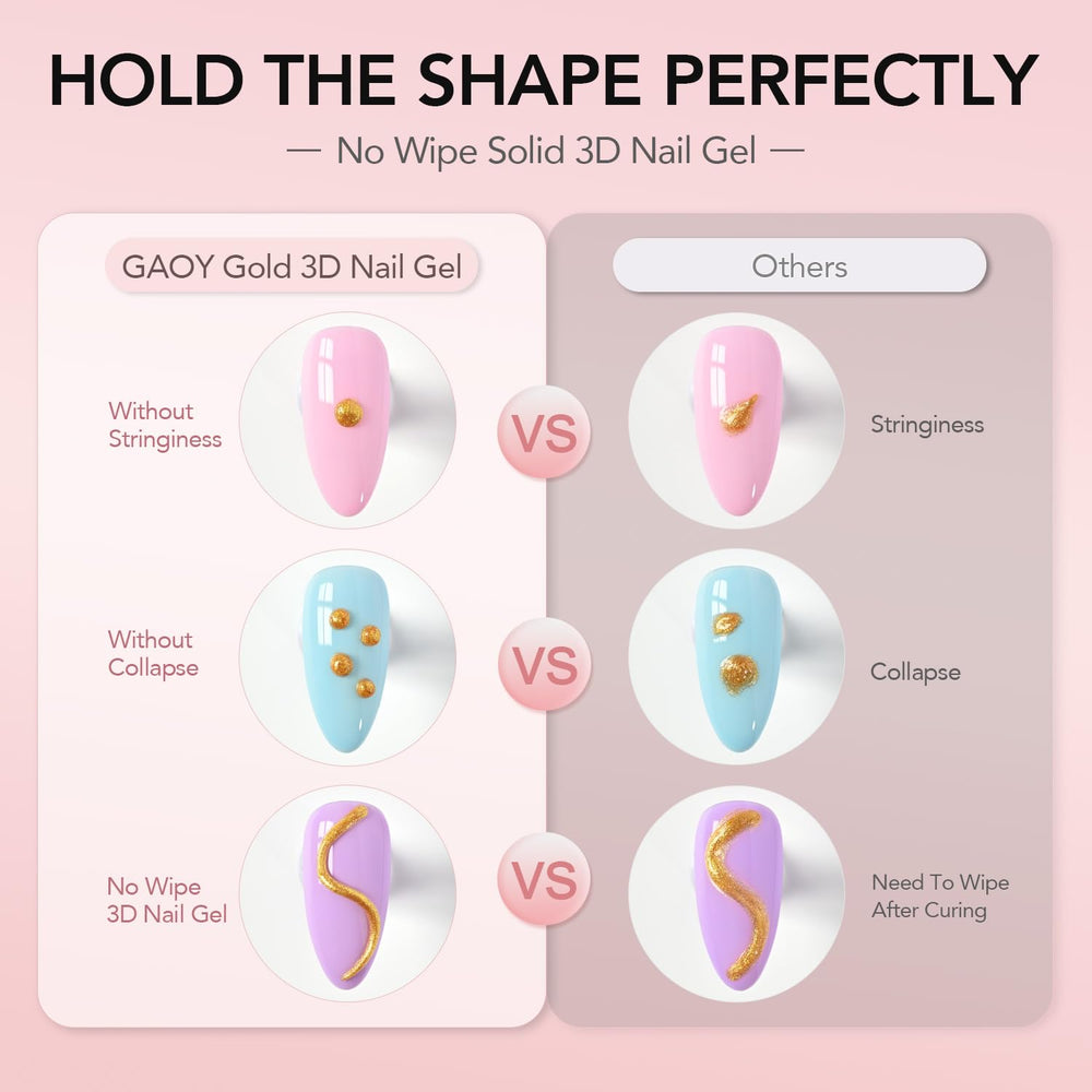 GAOY gold 3D nail gel being applied to a nail offering precise control and clean lines