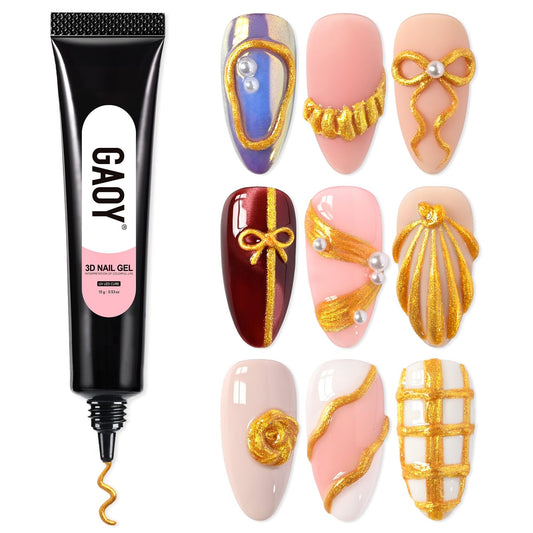 GAOY gold 3D nail gel tube front view showing compact packaging and easy-squeeze design