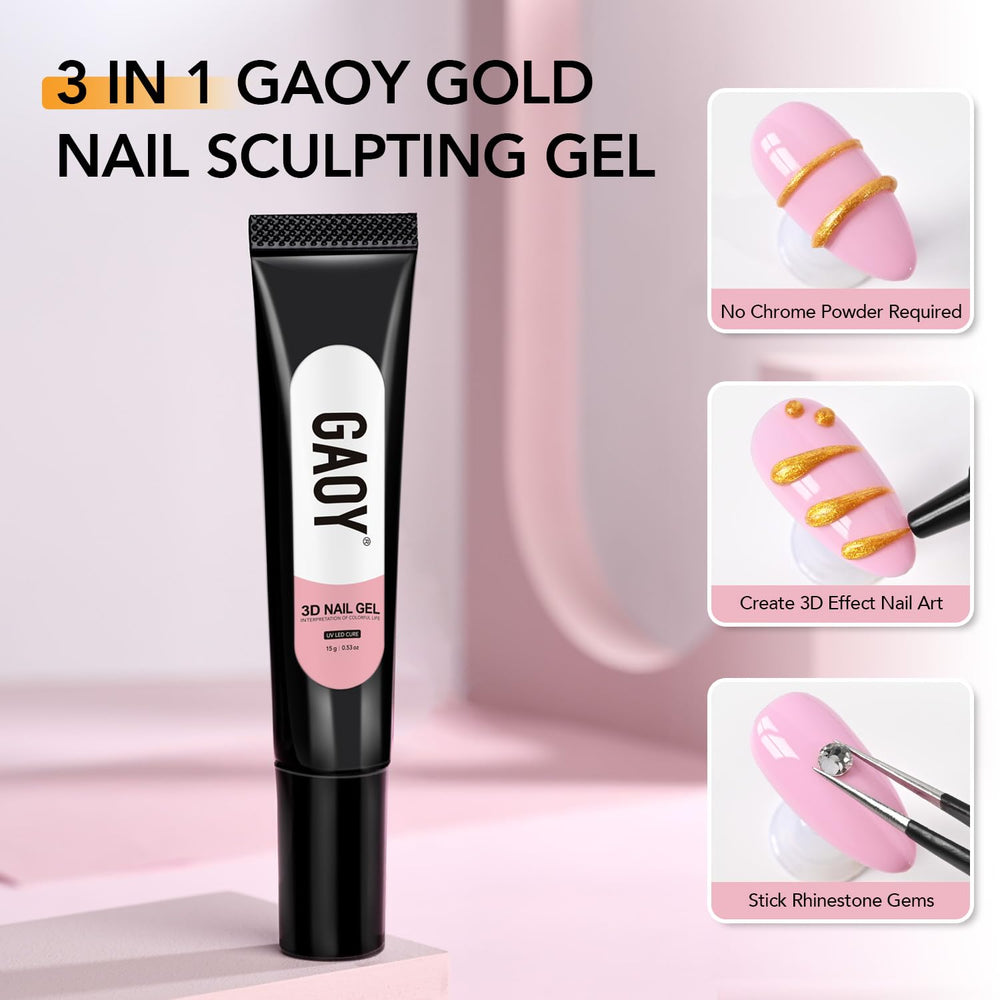 GAOY gold 3D nail gel tube next to a hand for scale showing 15g portable size