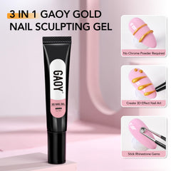 GAOY gold 3D nail gel tube next to a hand for scale showing 15g portable size