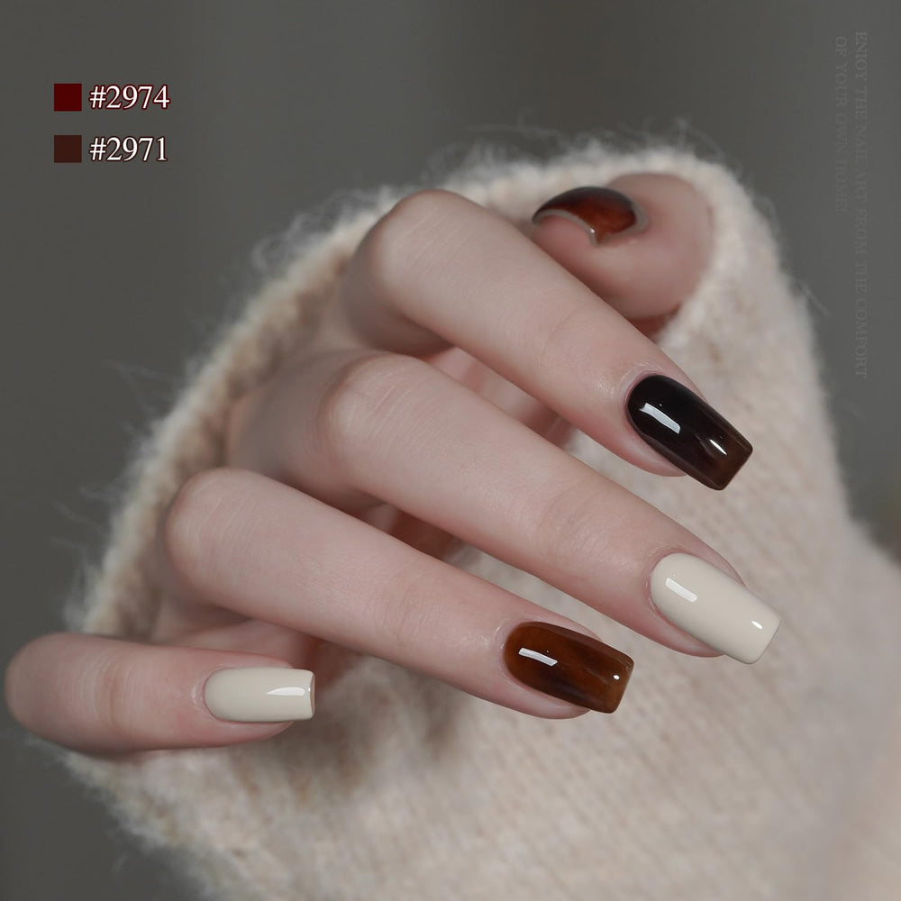 GAOY on hand model showing cured dark green brown manicure durability