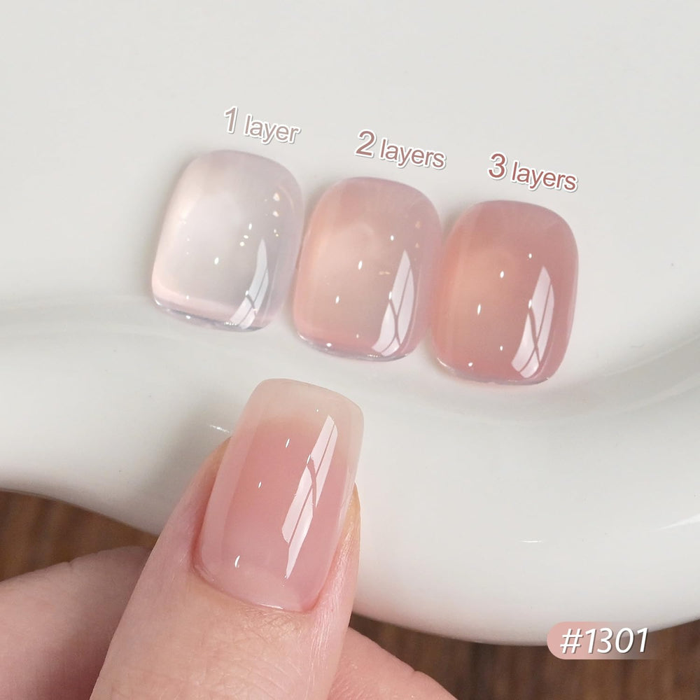 GAOY swatch strip displaying six sheer red pink and brown jelly tones