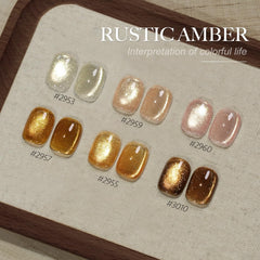 GAOY finished manicure on model hands in warm setting, salon-quality amber sparkle benefit