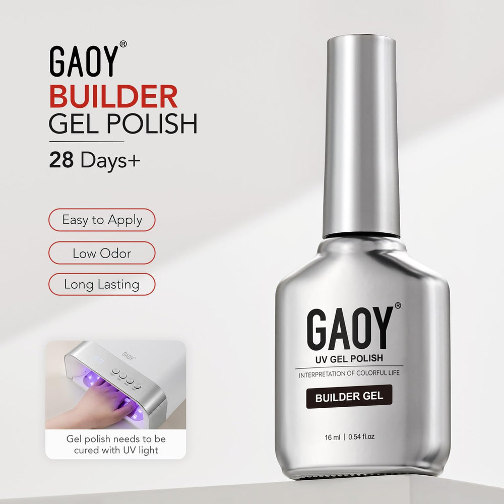 GAOY bottle beside LED lamp in salon setting, professional curing efficiency benefit