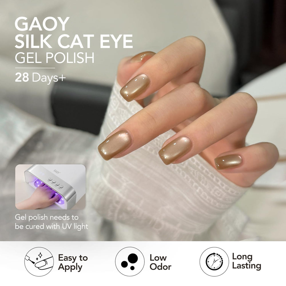 GAOY manicured hand wearing brown holographic cat-eye nails, elegant wearable result