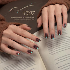 GAOY nail swatches fanned showing six holographic brown shades, color choice clarity