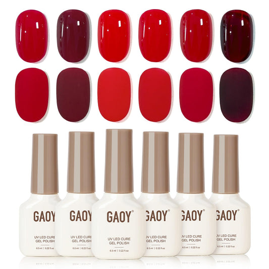 GAOY packaging front with six red gel bottles showing kit contents and convenience