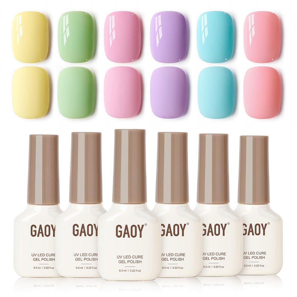 GAOY front packaging showing six pastel gel bottles and kit benefits