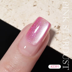 GAOY finished manicure on model showing pink stardust shine for standout nails