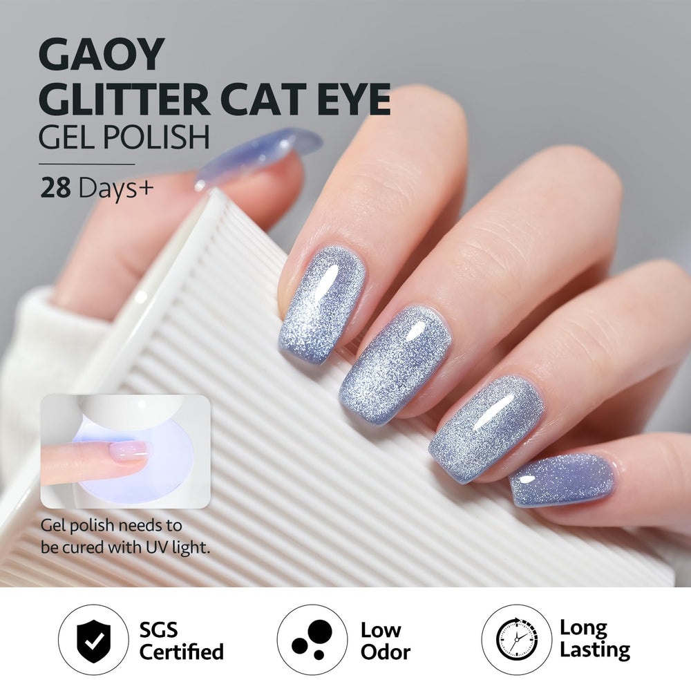 GAOY gel polish in use on nails creating cat-eye stripe, shows dramatic shine benefit