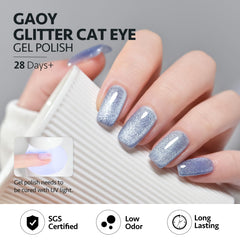GAOY gel polish in use on nails creating cat-eye stripe, shows dramatic shine benefit
