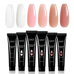 GAOY front packaging of six nude pink poly gels for easy selection and storage