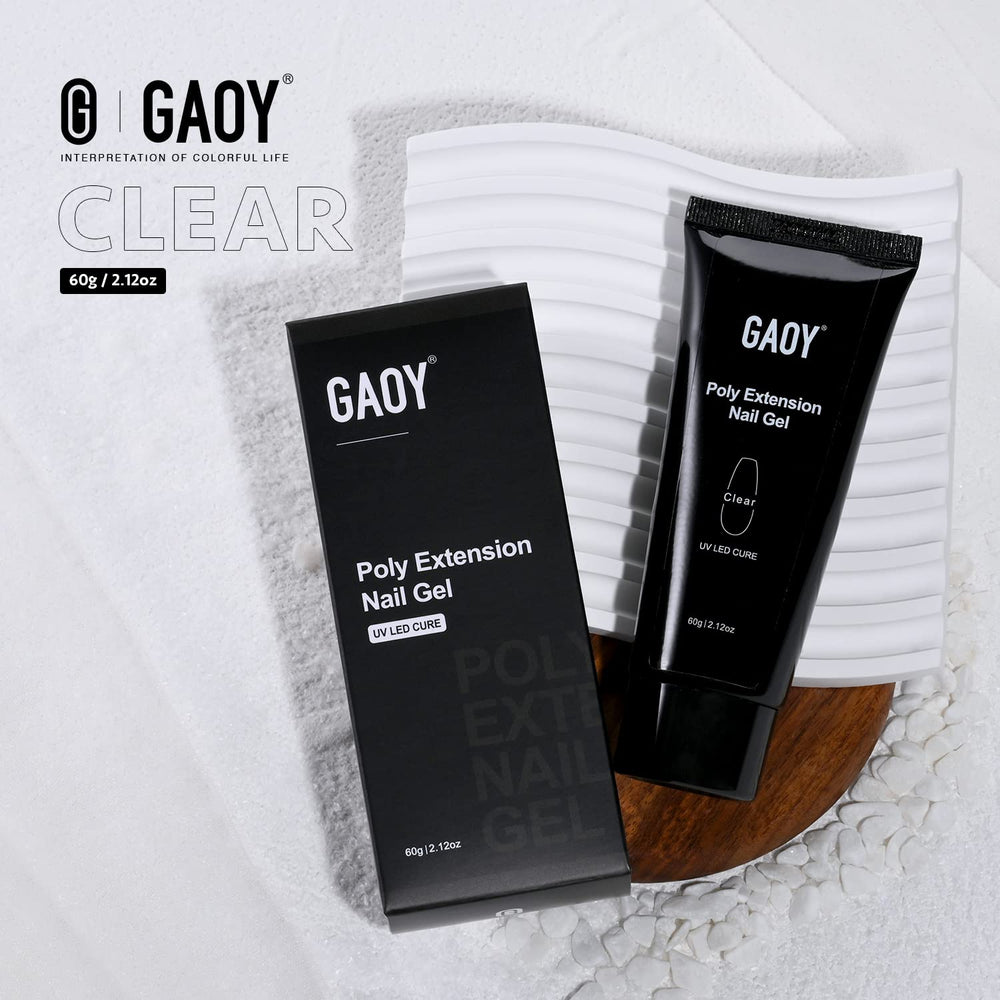 GAOY poly gel packaging label showing ingredients and usage benefit