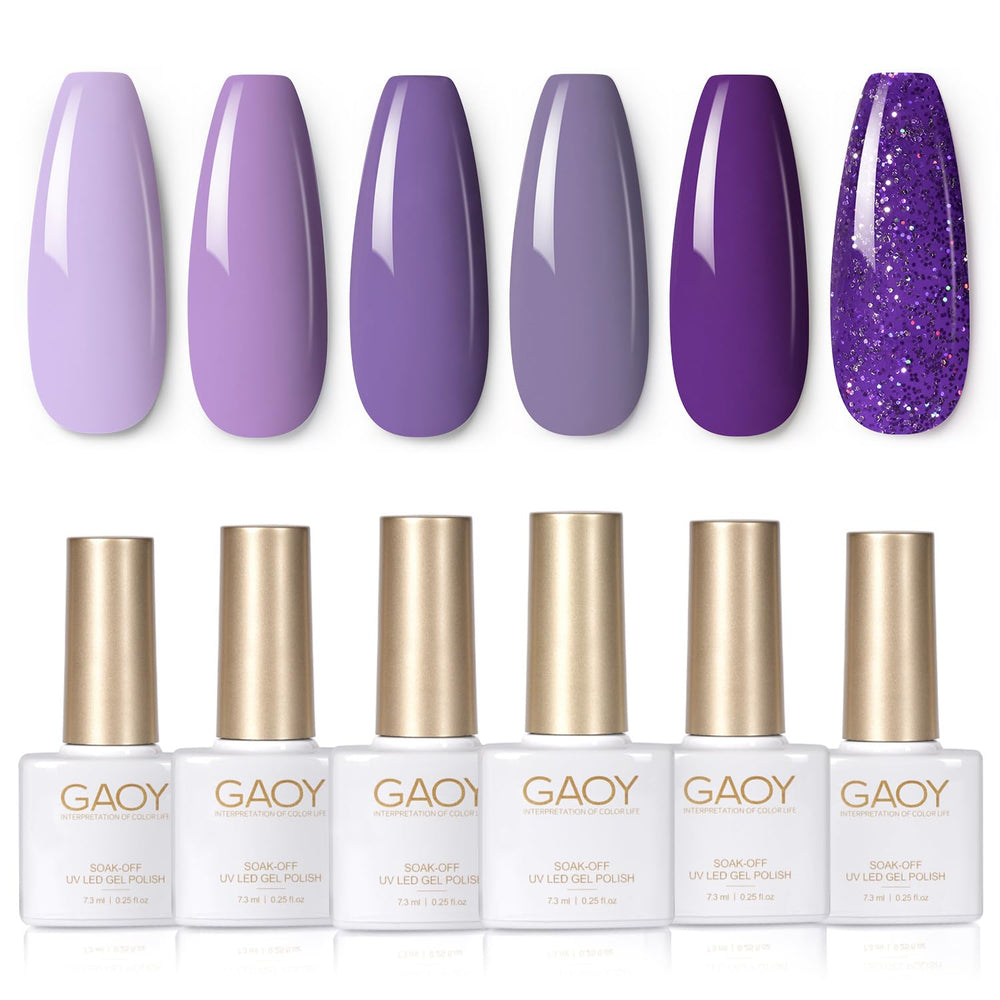 GAOY purple gel polish set front packaging showing six bottles and glitter finishes, attractive kit