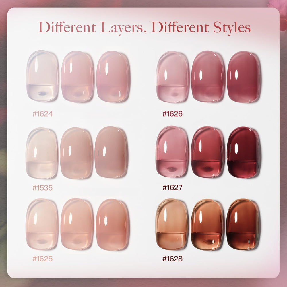 GAOY swatch array of six sheer nude and pink shades for color choice