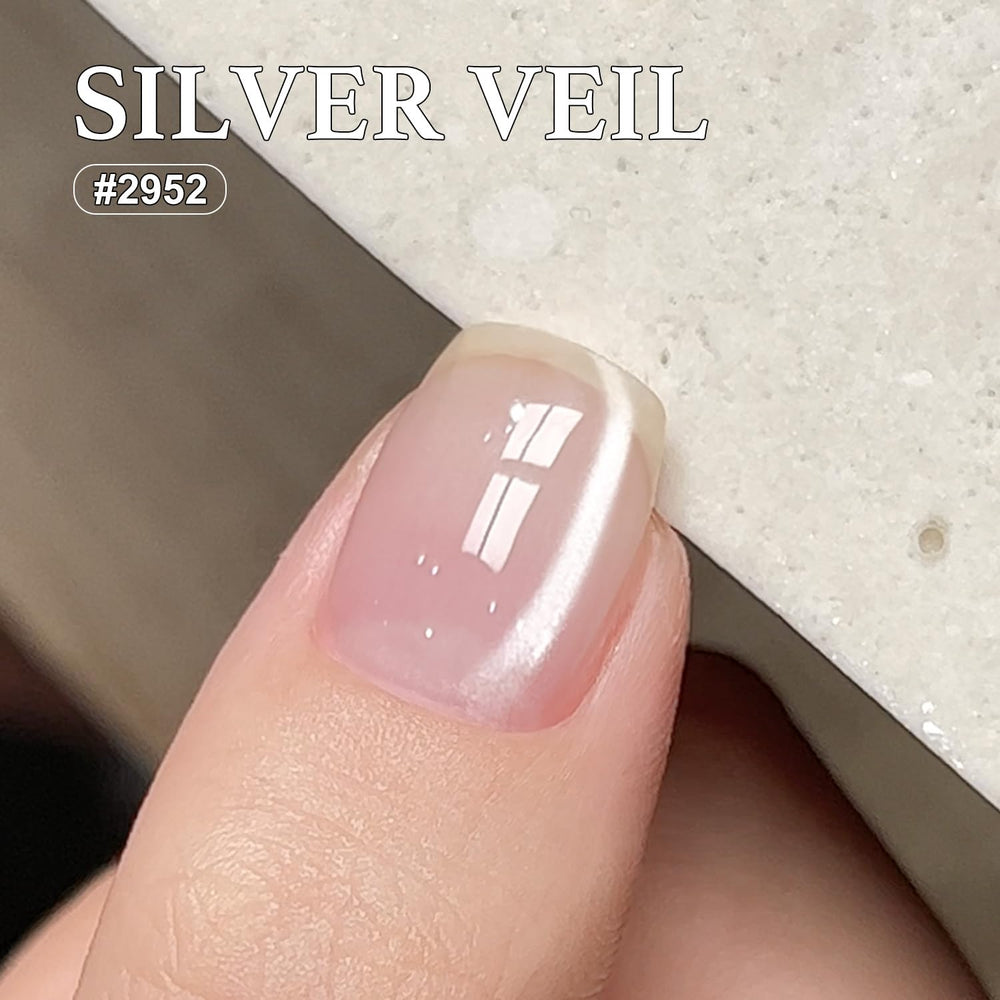 GAOY nail tip swatches demonstrating Silver Veil over dark and light bases, shows contrast