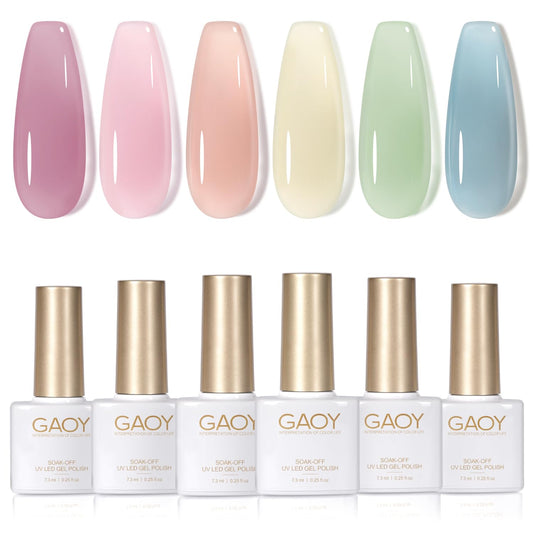 GAOY six jelly gel bottles front view showing included sheer colors and easy storage
