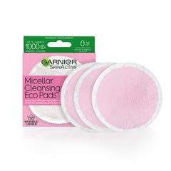 Garnier front packaging showing three reusable eco pads and benefits