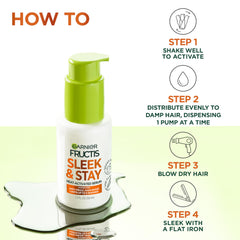Garnier Fructis applied to damp hair before blow dry for smooth styling benefit