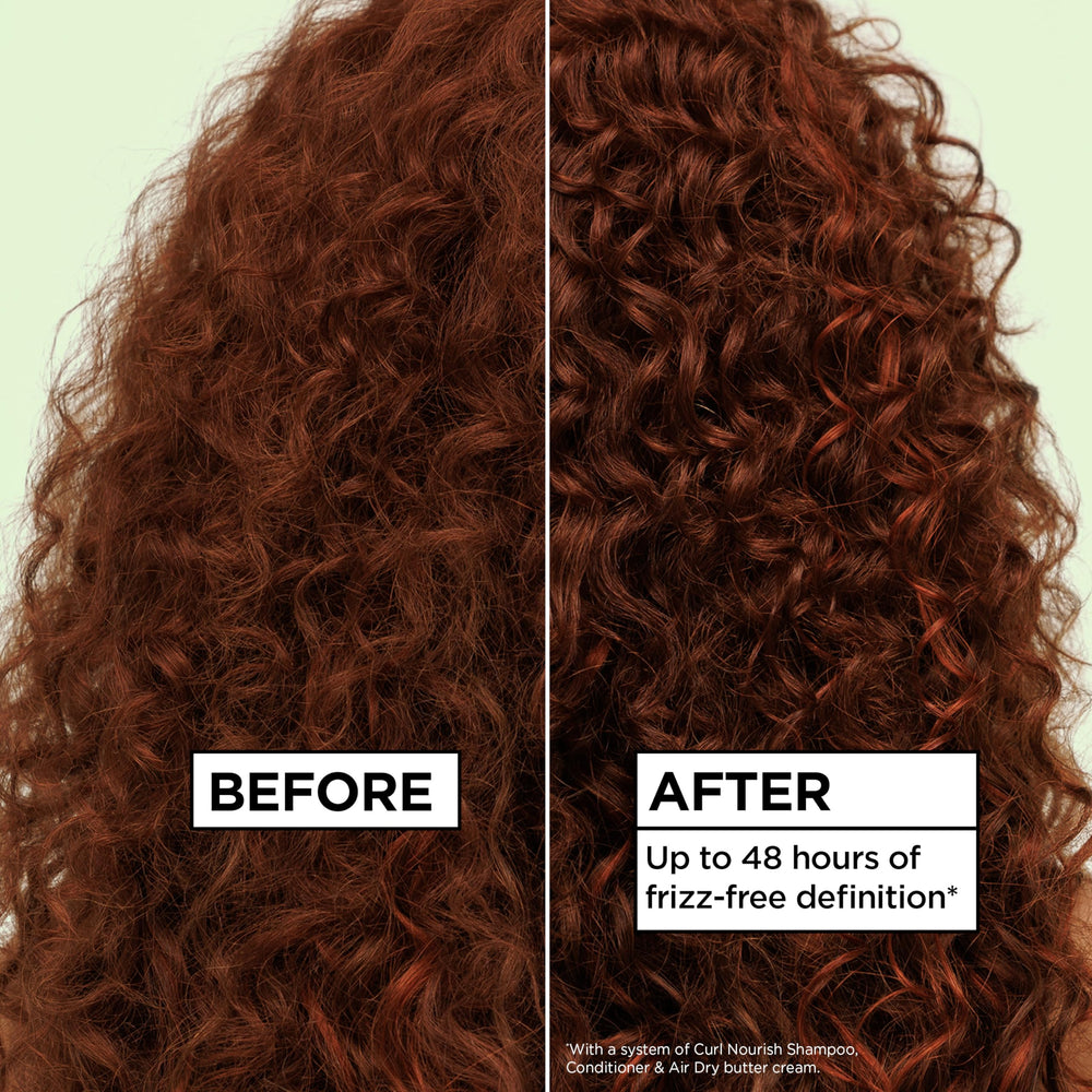 Garnier Fructis before and after curls showing reduced frizz and shape