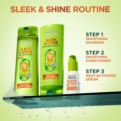 Garnier Fructis used with flat iron demonstrating heat protection up to 450°F