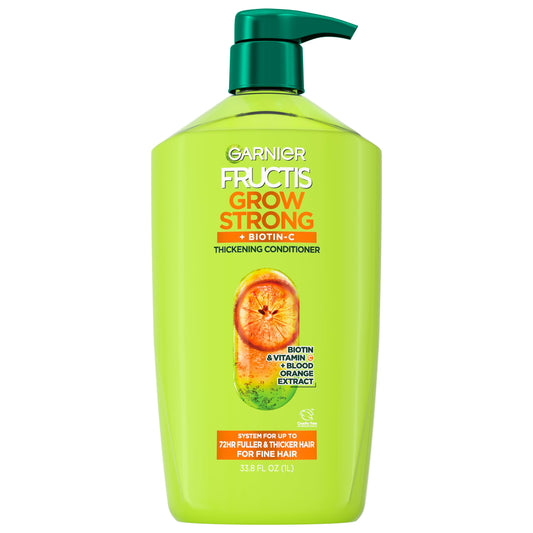 Garnier bottle front view showing label and fuller-hair promise