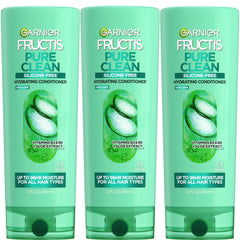 Garnier Fructis front packaging showing three 12 fl oz bottles and recycled plastic benefit