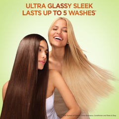 Garnier-styled hair after use showing smooth, shiny, frizz-controlled results