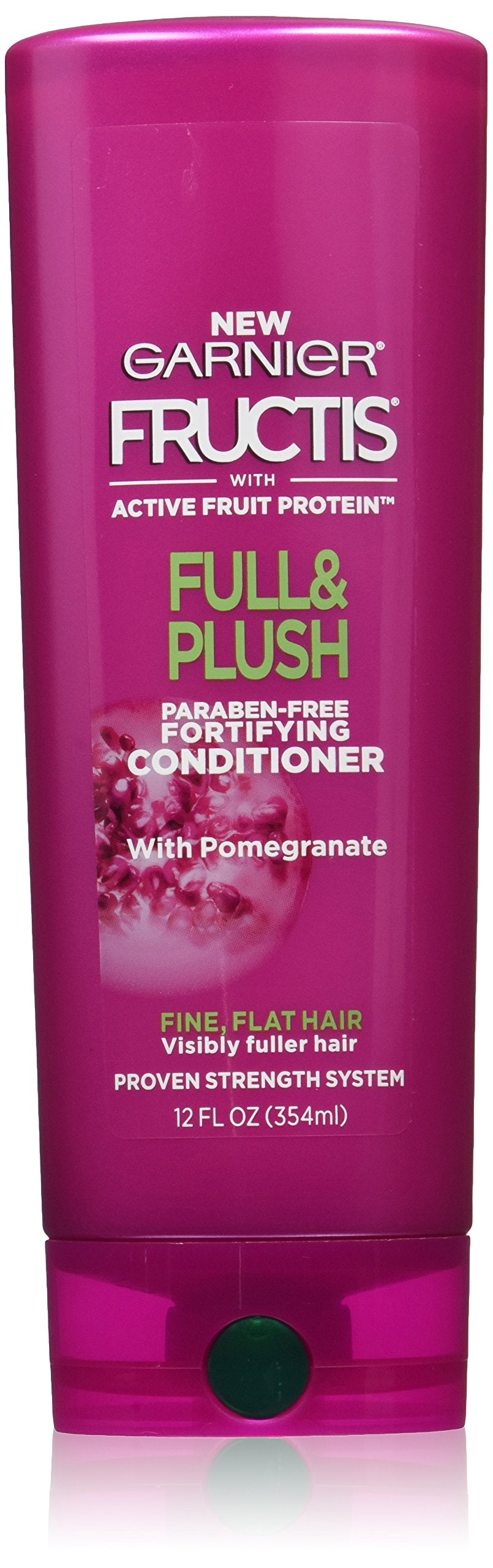 Garnier Full & Plush conditioner front bottle showing pomegranate and benefits