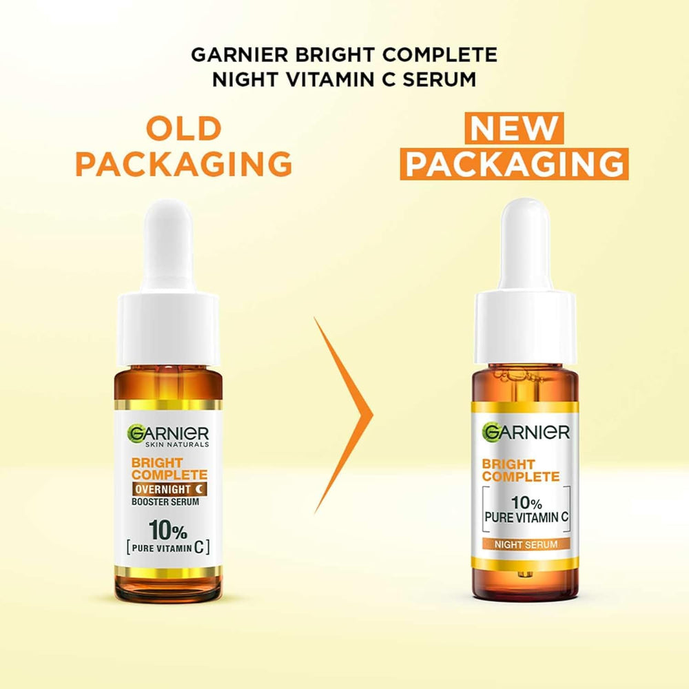 Garnier label zoom on '10% pure vitamin C' highlighting concentrated brightening active