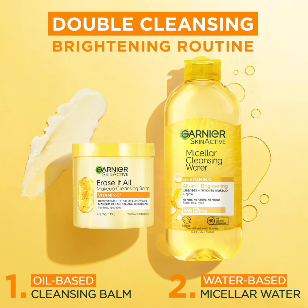 Garnier before and after makeup removal showing clearer, brighter skin post-cleanse
