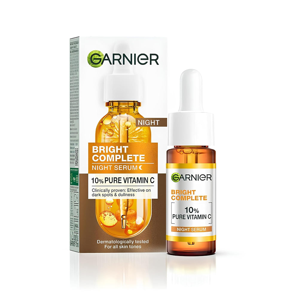 Garnier night serum front bottle showing clean design and 30 ml volume for targeted brightening
