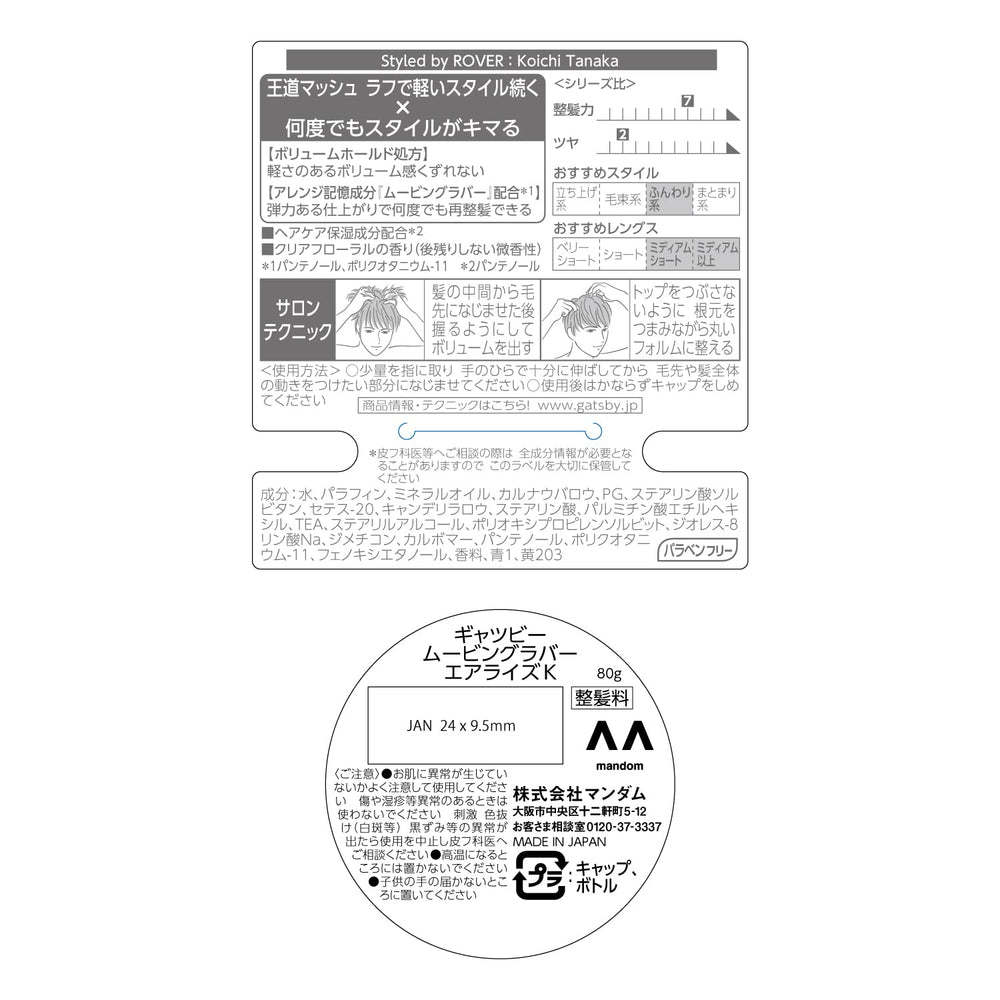Gatsby Air Rise packaging label close-up showing paraben-free and made in Japan benefit