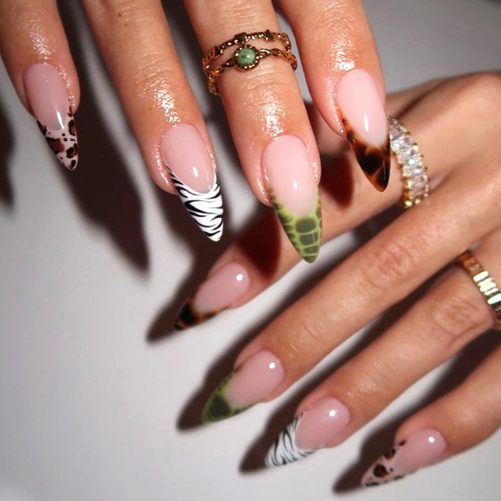 GCSQW front packaging showing 24-piece animal print press-on nails set and tools for easy use