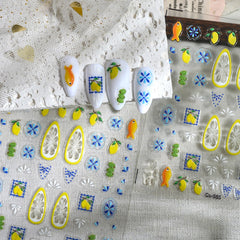 GCSQW sheet showing lemon, small fish and blue floral designs, versatile motifs