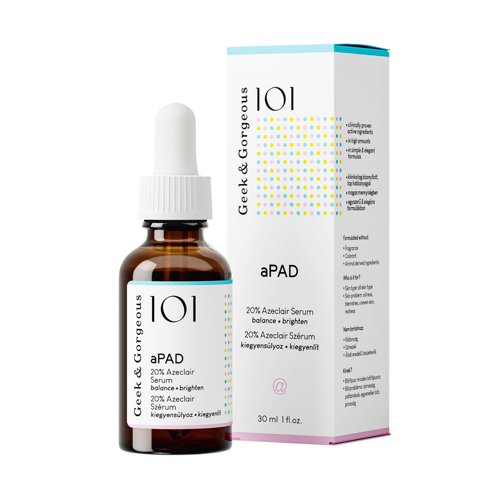 Geek & Gorgeous aPAD front packaging showing label and 1 oz bottle, highlights clarity