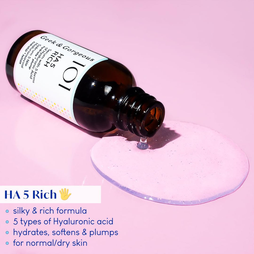 Geek & Gorgeous silky serum texture pooled to show rich, non-sticky feel