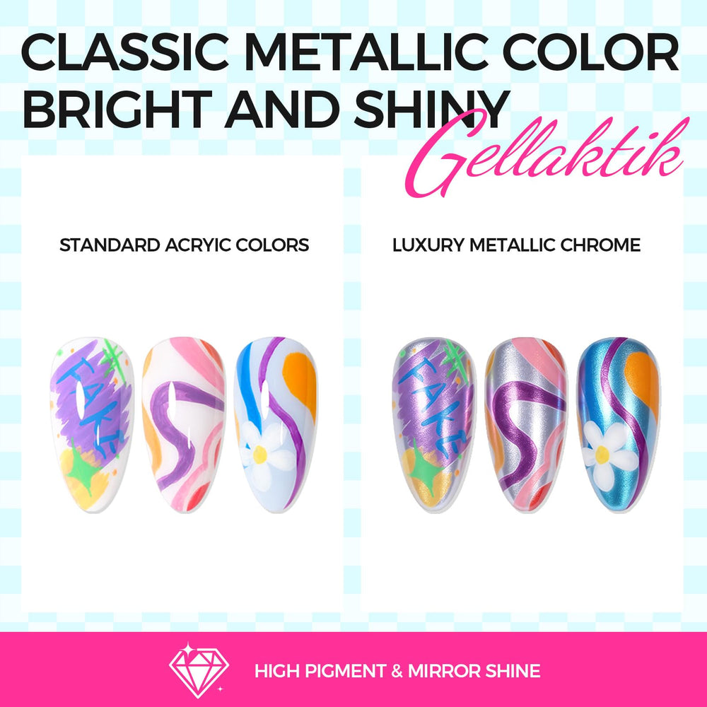 GELLAKTIK pen drawing a thin metallic line on a nail highlighting ease of use and accuracy