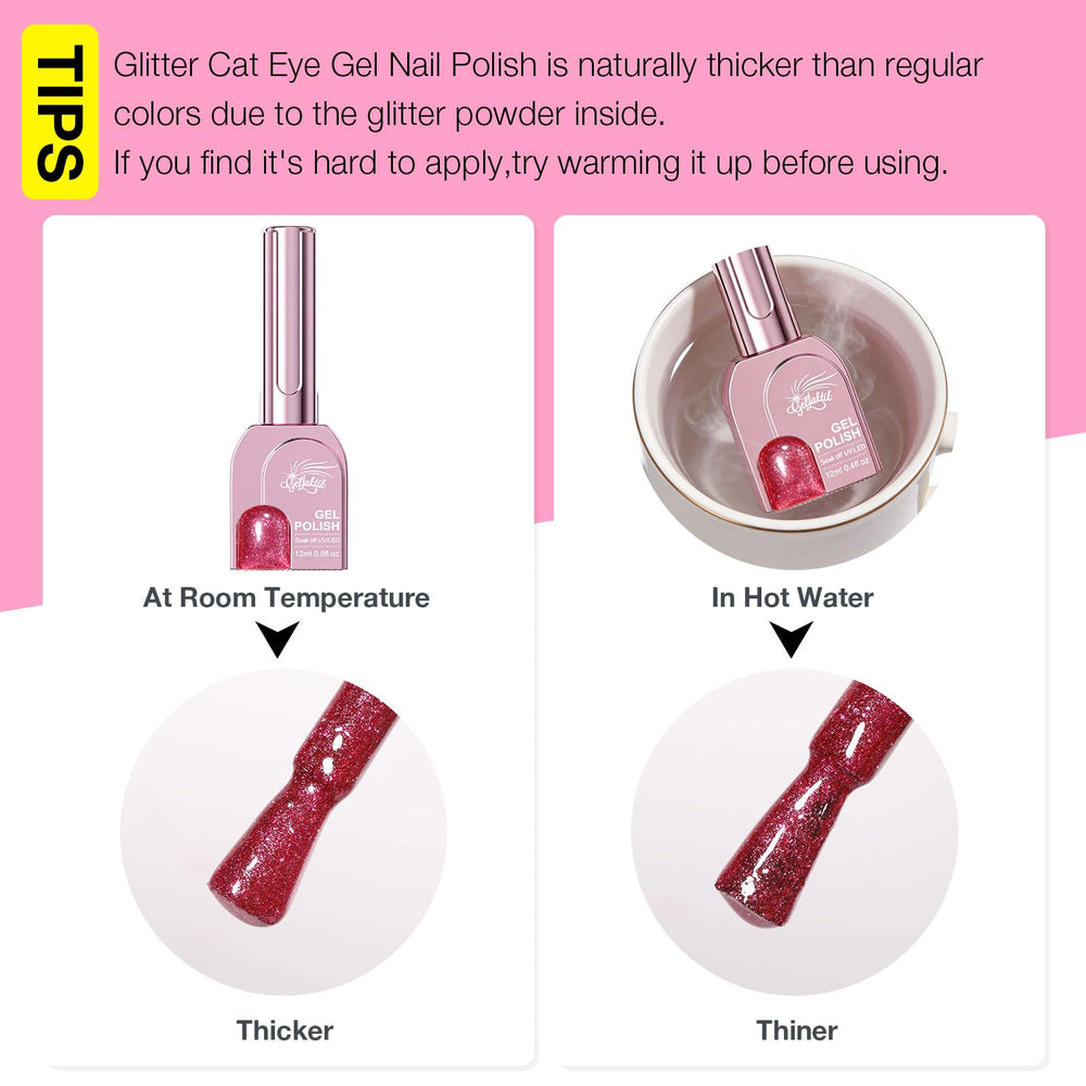 GELLAKTIK nails in party setting demonstrating ruby pink cat-eye polish for standout look