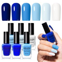 GELLEN front packaging showing six blue polish bottles with glossy finish