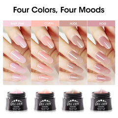 GELLEN four builder gel bottles angled view highlighting color variety and quantity